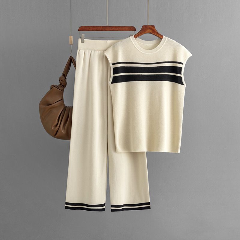 Abito casual da donna, top senza maniche a righe larghe a contrasto + pantaloni a gamba larga a vita alta, abito a due pezzi_voghion.com