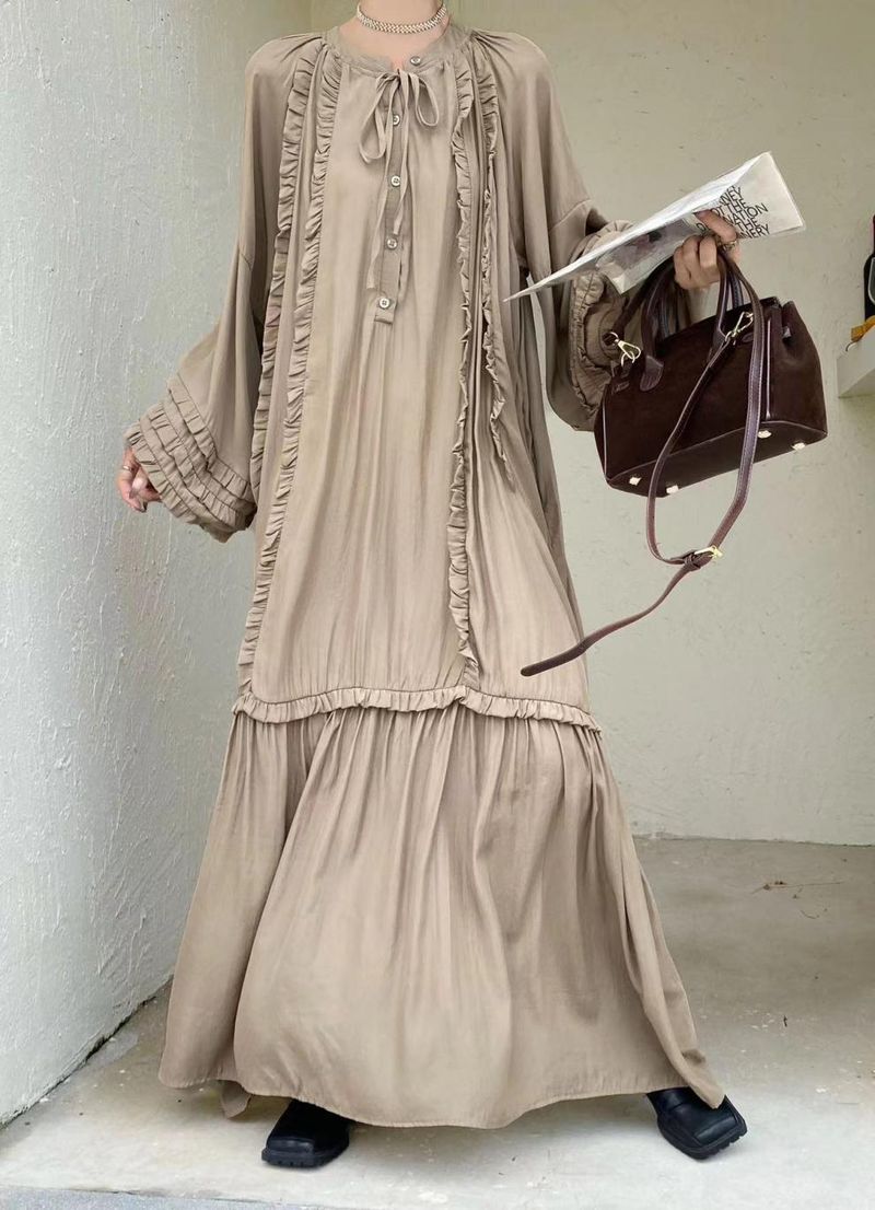 Herbstliches neues Plus Size Langes Kleid für Damen, locker fließendes Maxikleid mit Gürtel, schlankmachendes lässiges Langarmkleid_voghion.com