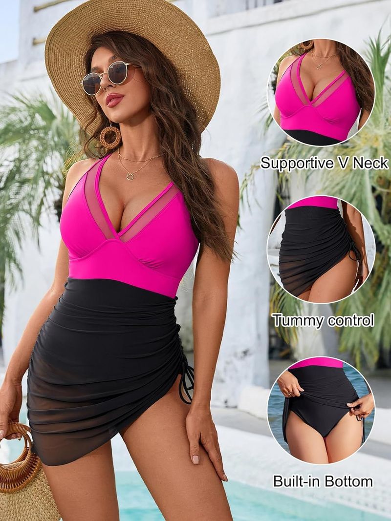 Maillot de bain une pièce sexy à bretelles et décolleté en V profond pour femme, épissure en maille, cordon de serrage latéral, dessous de verre amovible, maille fine_voghion.com