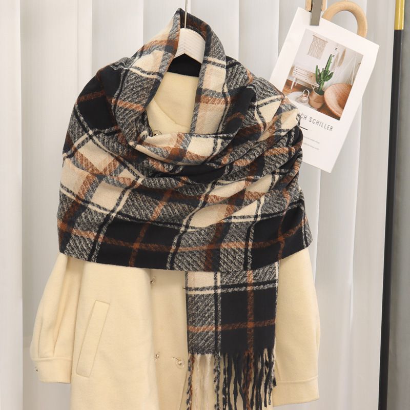 Cashmere Plaid Scarf Warm Thick Shawl Autumn Winter Korean Style High-end Versatile Neck Warmer For Women_voghion.com