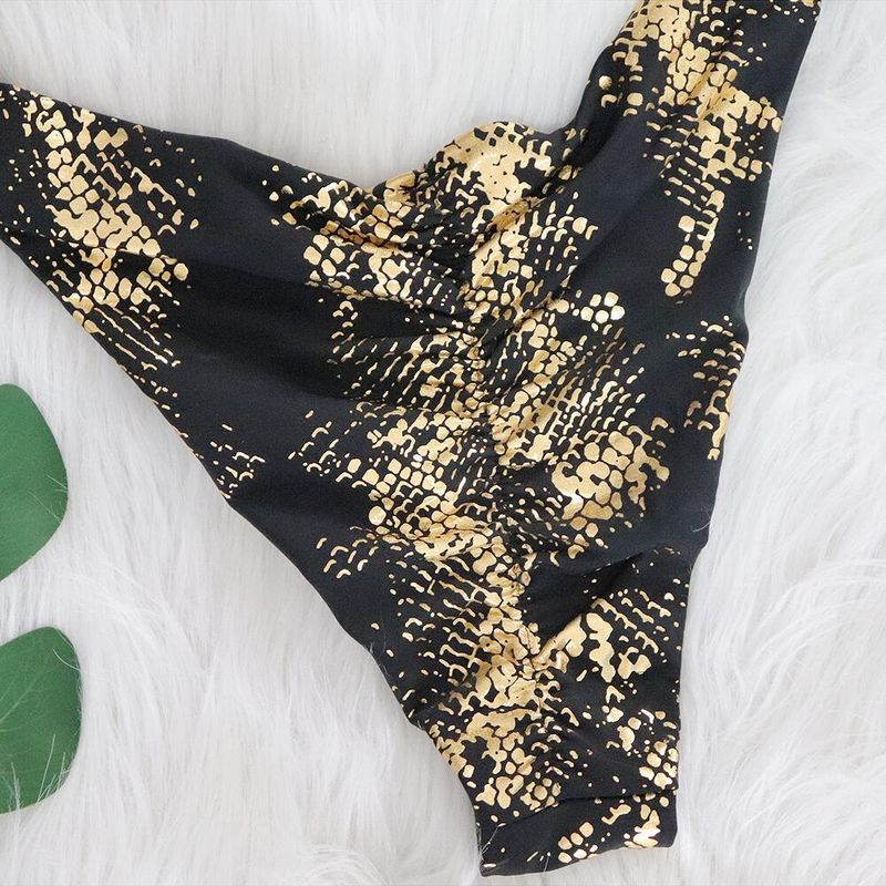 Ins Snake Print Bronzing Bikini Kristall Diamant Metall Zubehör Split Damen Badeanzug Urlaub Bademode_voghion.com