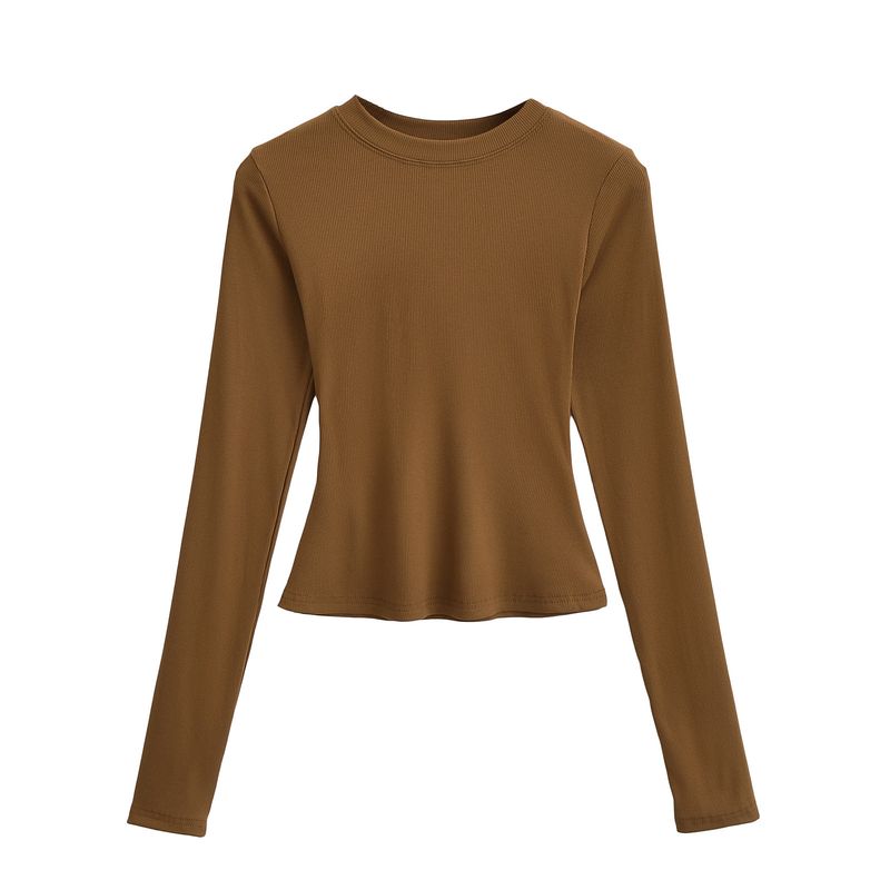 Kim Kardashian Kento Round Neck Base Shirt For Women's Sring Tight Fitting T-shirt Long Sleeved Slim Fit Solid Color_voghion.com