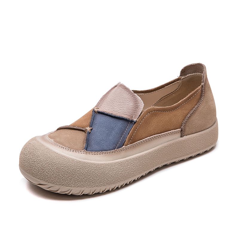 Shanghai Jiesu 2025 Frühling Neue Farbblock-Patch-Zehenschicht Rindsleder Bequeme Slip-On-Casual-Damenschuhe_voghion.com