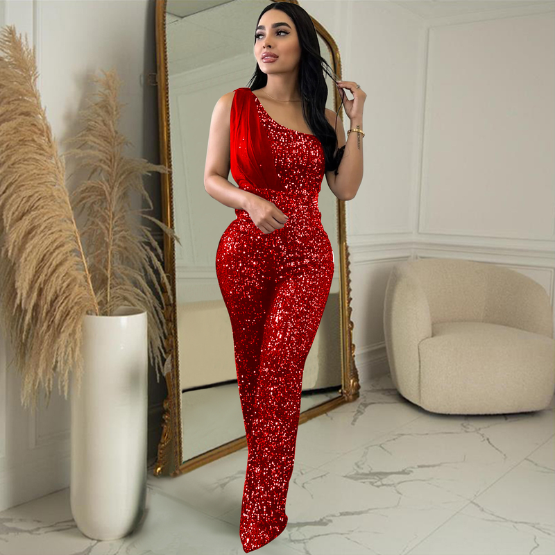 Damesmode dames effen kleur mouwloze one-shoulder lovertjes broek jumpsuit Nieuwjaar avondjurk_voghion.com