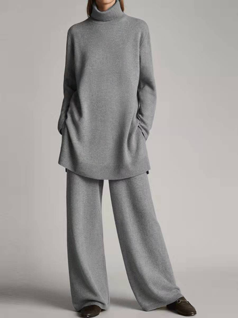 Women's clothing Knitted Solid Color High Collar Loose Casual Two-piece Suit_voghion.com