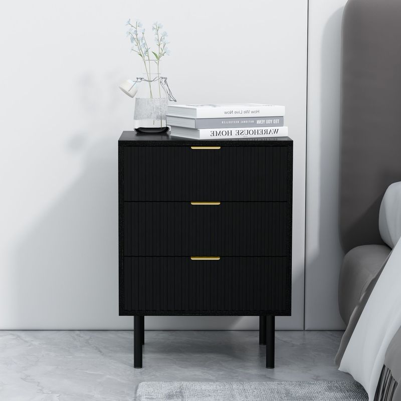 conifferism Fluted Black Nightstand 3 Drawers, Bedroom 26' Tall Bedside Night Stand, Modern Bed Side End Table Living Room, 19' Small Space Mid Century Storage Cabinet_voghion.com