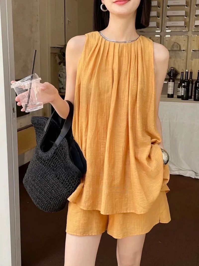 Ensemble deux pièces pour femme, haut débardeur en coton et lin, short fin et artistique, design tendance, été_voghion.com