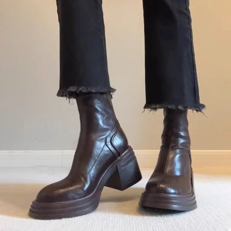 Cowhide Version~ Brown Genuine Leather Thick-Soled Height-Increasing Martin For Women Simple Back Zipper Chunky Heel_voghion.com