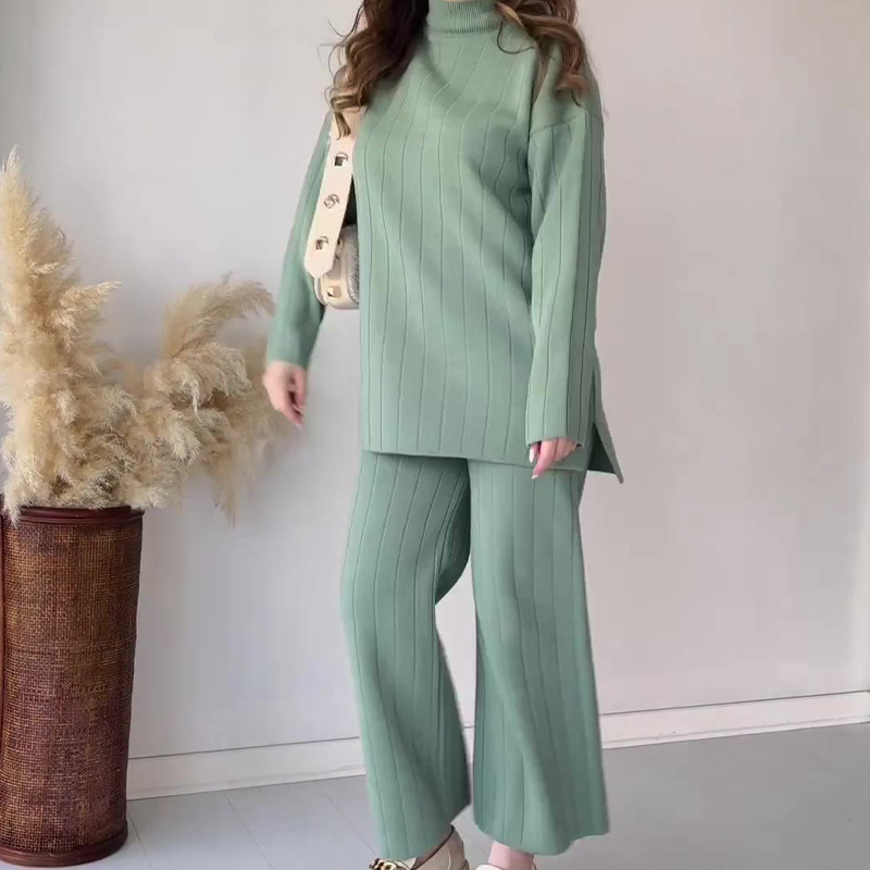 Women's Clothing fashion solid color round neck mid-length casual loose sweater suit_voghion.com