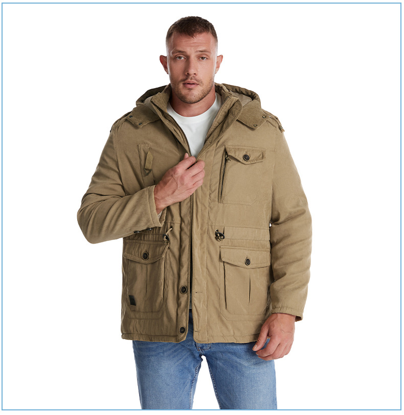 Men's Plus Size Shearling Hooded Cotton Jacket Thickened Multi-Pocket Cotton Top Casual Mid-Length Coat_voghion.com