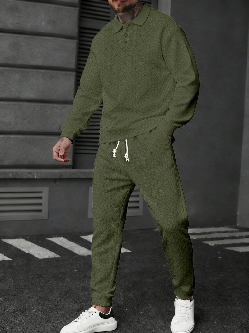 Completo polo e pantaloni a righe color grano da uomo – Completo sportivo a maniche lunghe per look casual e sportivi_voghion.com