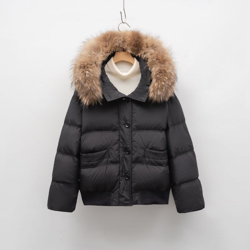 Jaqueta curta feminina com capuz de pele de raposa - Casaco de inverno grosso e solto, enchimento de penas de pato, revestimento de nylon, preto e cáqui_voghion.com