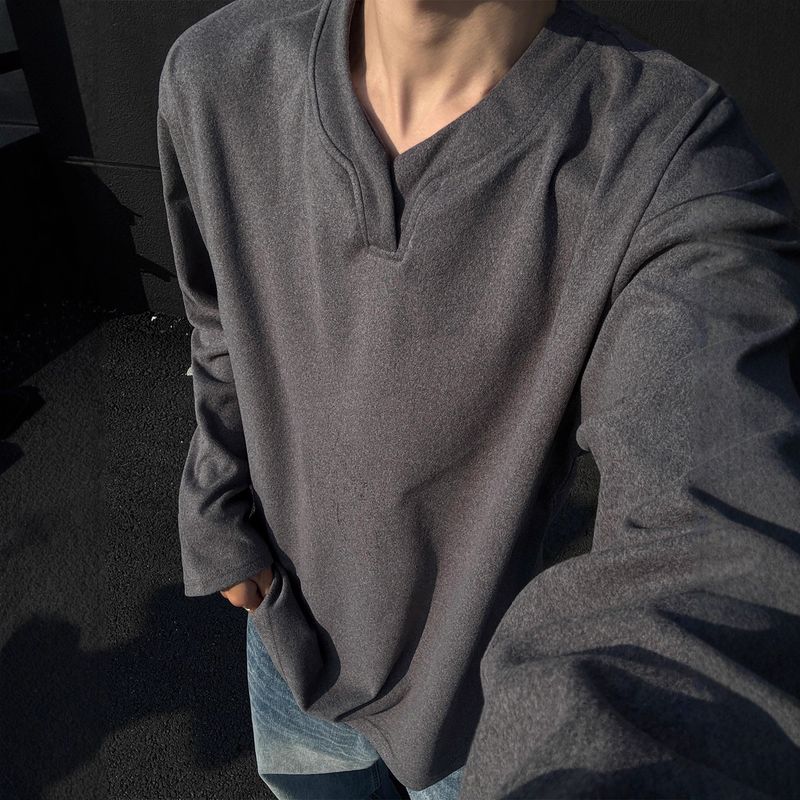 boy Boy Autumn Winter De Velvet V-Neck Sweatshirt Warm Inner Layer Base Shirt Long Sleeve T-Shirt Top Trendy Men's Cool Fashion_voghion.com