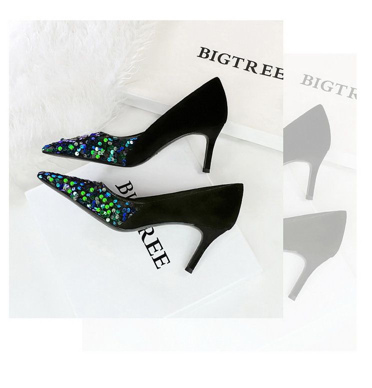 7236-1 Stijl Fahion Licht Luxe Banket Dames Hoge Slanke Hak Ondiepe Mond Puntige Gesplitste Pailletten Stof Enkel_voghion.com