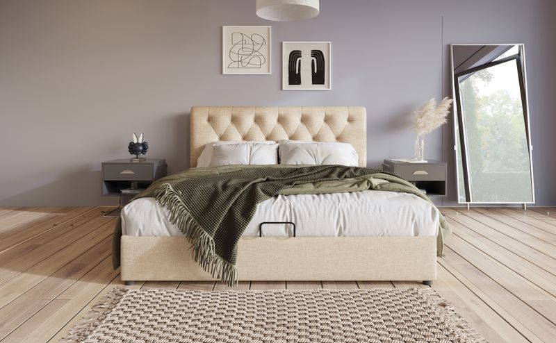 Lit double matelassé hydraulique 140 x 200 cm, tête de lit réglable, sommier à lattes métalliques, cadre de lit coffre moderne, couleur naturelle, sans matelas_voghion.com