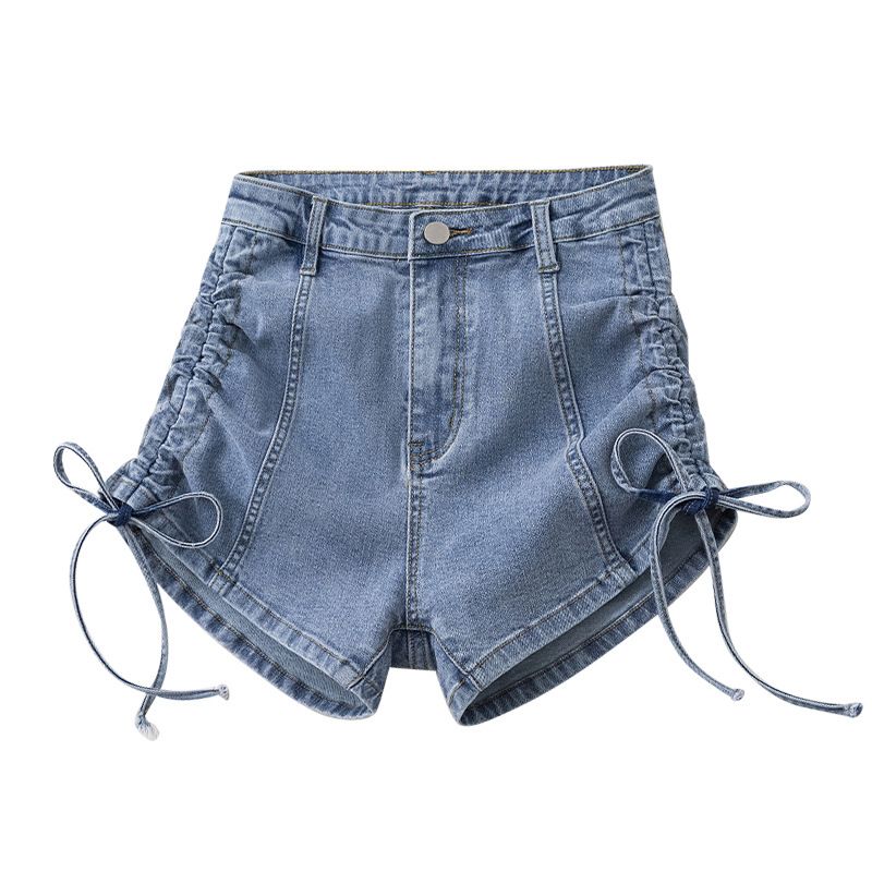 Drawstring tied high waisted elastic denim shorts for women's summer thin straight versatile slim fit wide leg hot pants_voghion.com