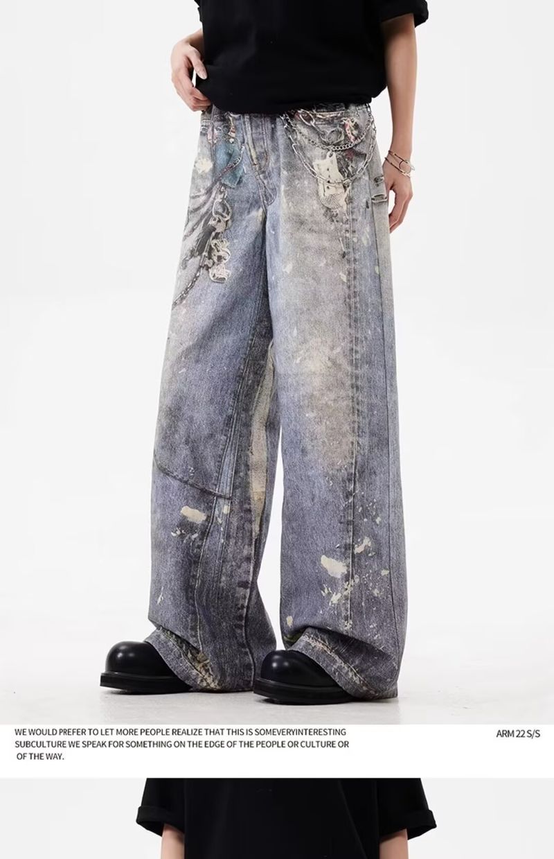 Erkek Giyim Retro Eski Atık Tarzı 3D Baskılı Vintage Eskitilmiş Baskılı Zincir Düz Paça Kot Pantolon - Rahat Kesim, Konforlu ve Şık_voghion.com