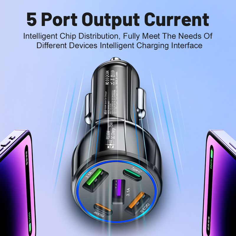 PD 75W 5 portos USB autós töltő gyorstöltő autós C-típusú telefon adapter alkalmas iPhone 14, 13, 12 Xiaomi, Huawei,_voghion.com