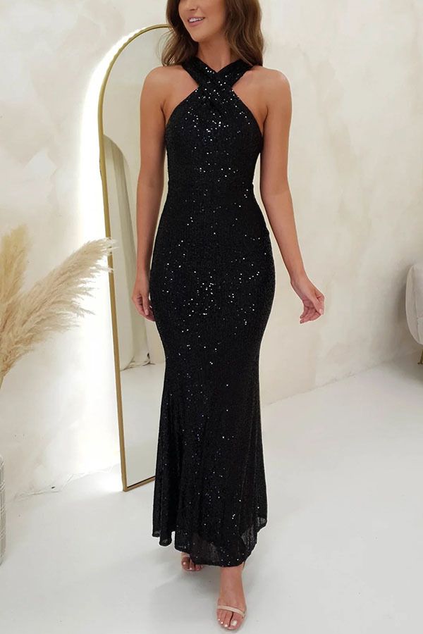 Sexy rückenfreies ärmelloses langes Abendkleid mit Pailletten für Damen_voghion.com