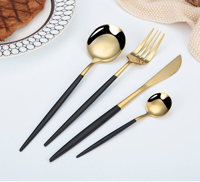24-teiliges Edelstahl-Geschirr-Set, Schwarzgold, Besteck, Löffel, Gabel, Messer, westliches Besteck, Besteck, Geschirrzubehör_voghion.com