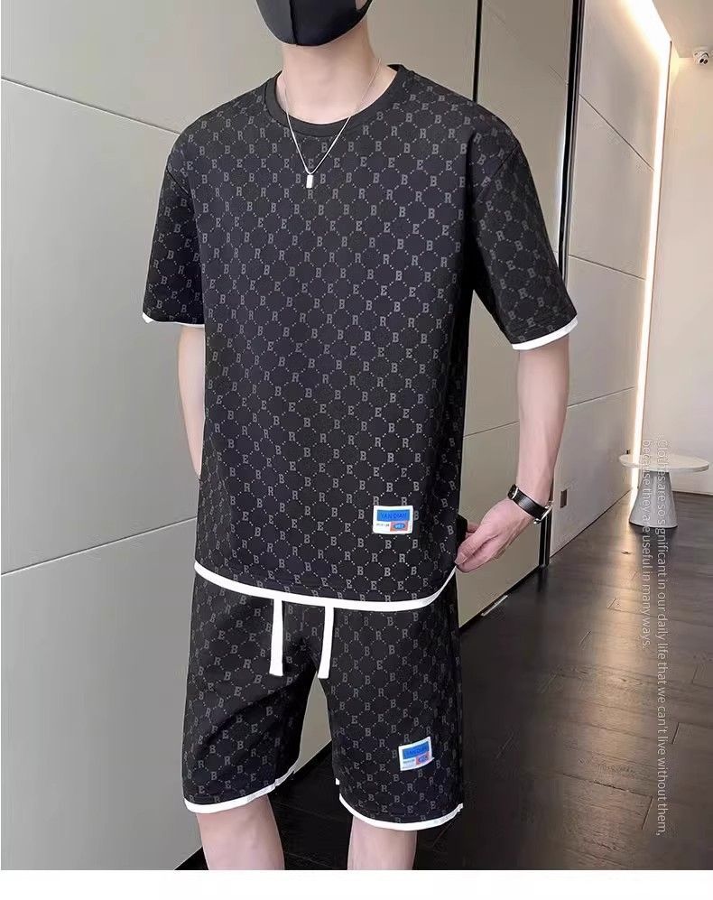 Kevad-suvised uued meeste kerged luksuslikud tipptasemel moodsed kaheosalised ümara kaelusega lühikeste varrukatega püksid ja_voghion.com