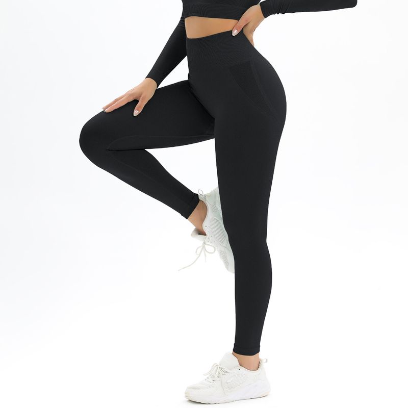 New Peach Seamless Solid Color Jacquard Yoga Waist High Elastic Tight Sports Running Fitness Pants_voghion.com