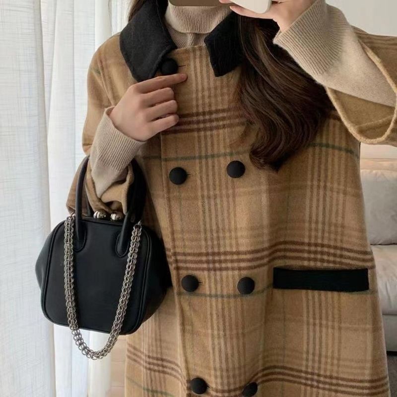 Herfst en winter nieuwe geruite modieuze kleine Koreaanse cape dubbelzijdige losse wollen jas voor vrouwen_voghion.com