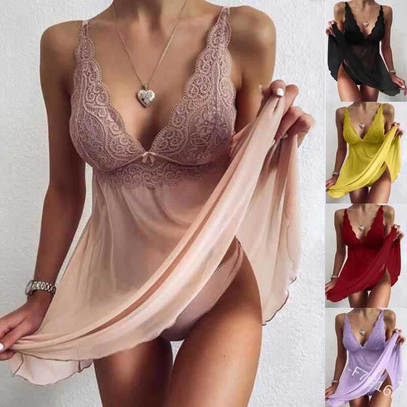 Camicia da notte in pizzo trasparente da donna – Completo intimo babydoll senza maniche elegante e sexy in 6 colori (nero/rosso/viola/rosa/bianco/giallo)_voghion.com
