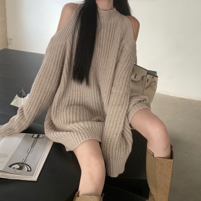 Off-the-shoulder Knitted Sweater Women's Commute Pure Desire Wind Thick Needle Hole Medium And Long Women's Sweater Top Tide_voghion.com