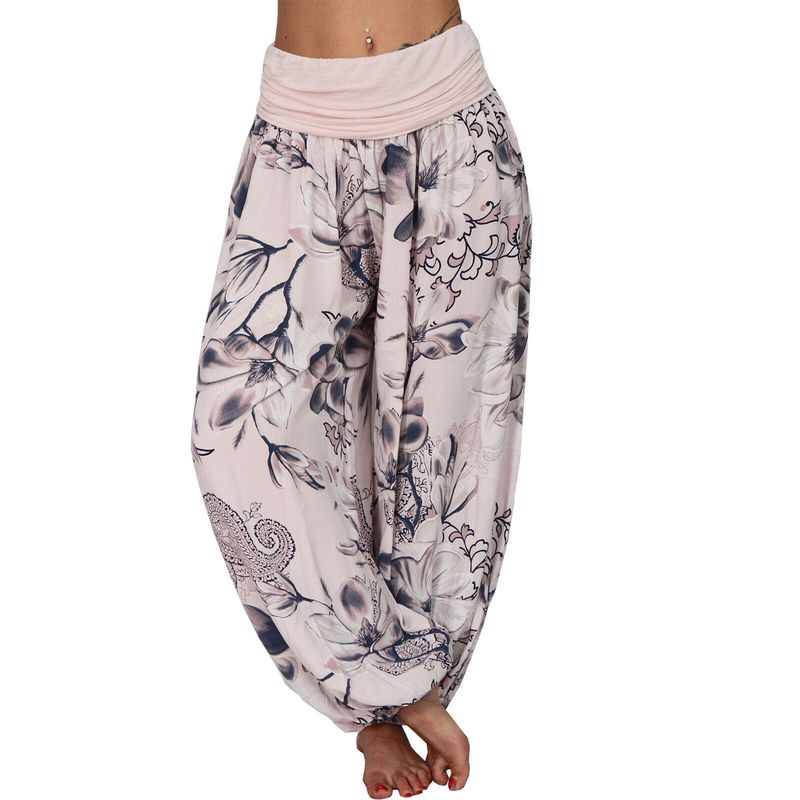 Plus Size Boho Pants, Women's Plus Floral Print Ruched Low Waist Loose Comfy Harem Pants_voghion.com