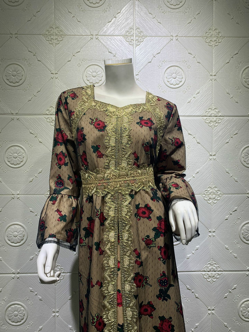 Damkläder tryck broderi spets mesh klänning dubai muslimska muslimska kvinnor_voghion.com