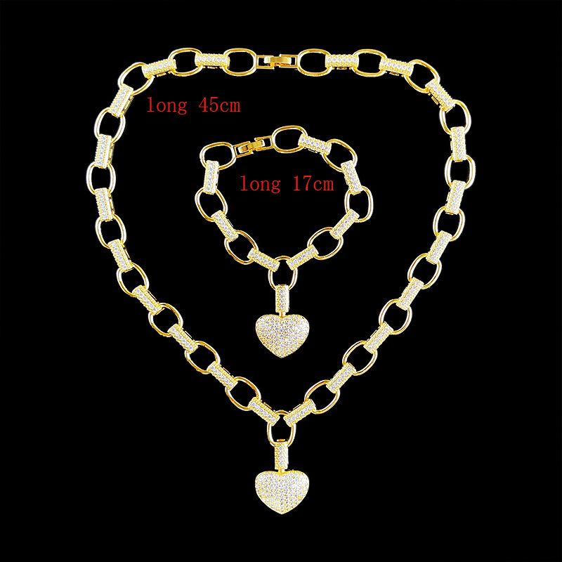 Women's Jewelry Set - Gold Heart Necklace And Bracelet With AAA Zircon Stones, Elegant Box Chain Design For Everyday Wear_voghion.com