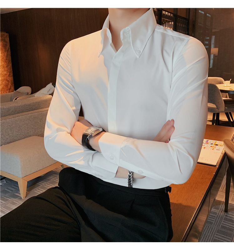 Camicia da uomo slim fit con colletto alla francese, antipiega, in misto cotone, casual, formale, a maniche lunghe, con abbottonatura nascosta - Bianco e nero_voghion.com