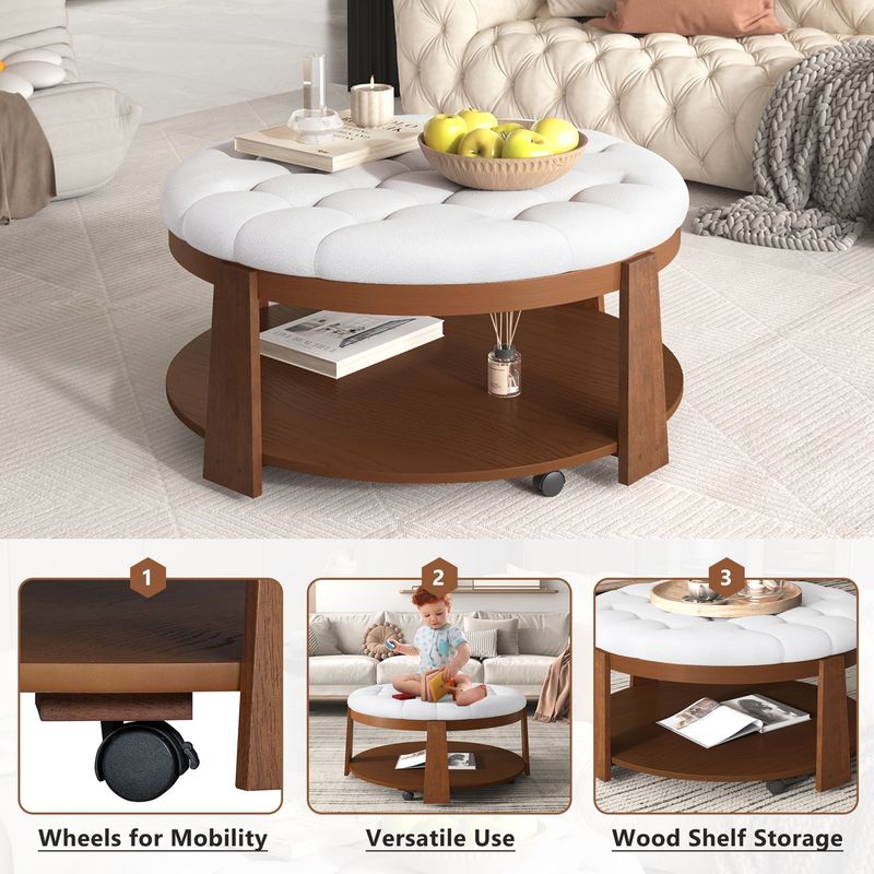 Modern Large Round Ottoman Coffee Table 2-Tier Oversized Button Tufted Ottoman With Wood Shelf Storage Upholstered Coffee Table For Living Room Footrest Ottoman With Wheel, Waterproof Linen_voghion.com