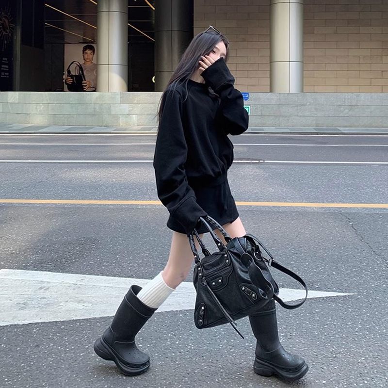 Hua Mian Brushing Casual Women's Long Sleeve Autumn/Winter Hoodie Lazy Style Two Piece Set Black_voghion.com