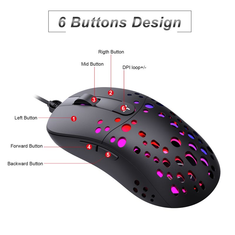 Lach RGB Glow Makro Programméierung Spillmaus 6-Knäppercher fir Luuchten auszeschalten Verschidde verkabelt Mausen_voghion.com