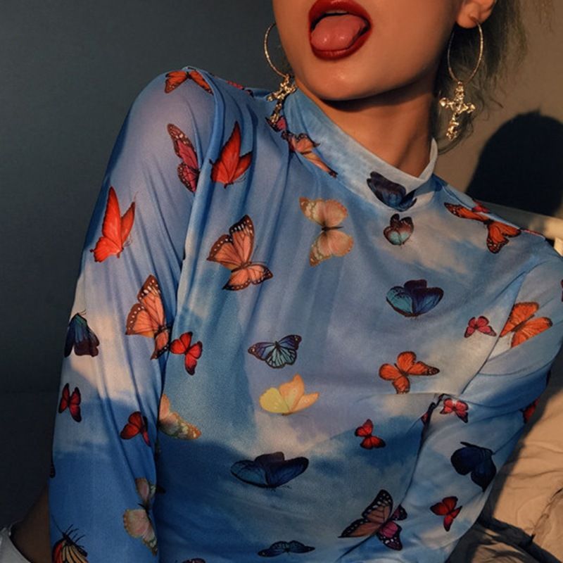 Women's Mesh Hollow Butterfly Print Long Sleeved Exposed Navel Short T-shirt Base Shirt For Women_voghion.com