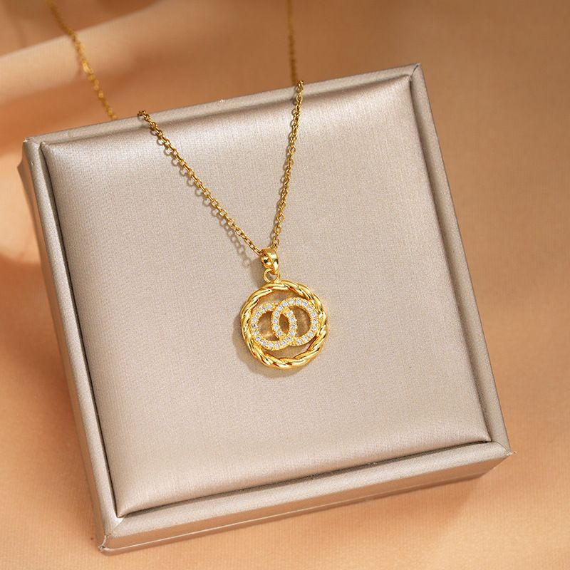 Set di orecchini con collana e anello doppio in acciaio al titanio, elegante e di alta qualità, in stile coreano, versatili e alla moda, con diamanti sulla clavicola_voghion.com