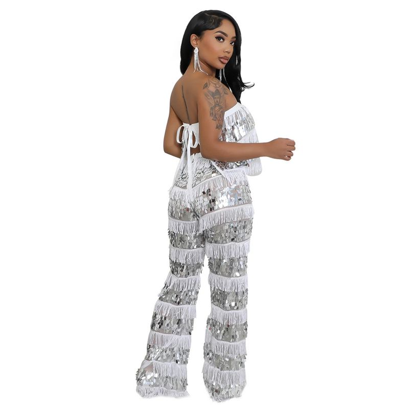 Conjunto de top corto sin tirantes y pantalón ancho: un conjunto sexy y chic de dos piezas para mujer_voghion.com
