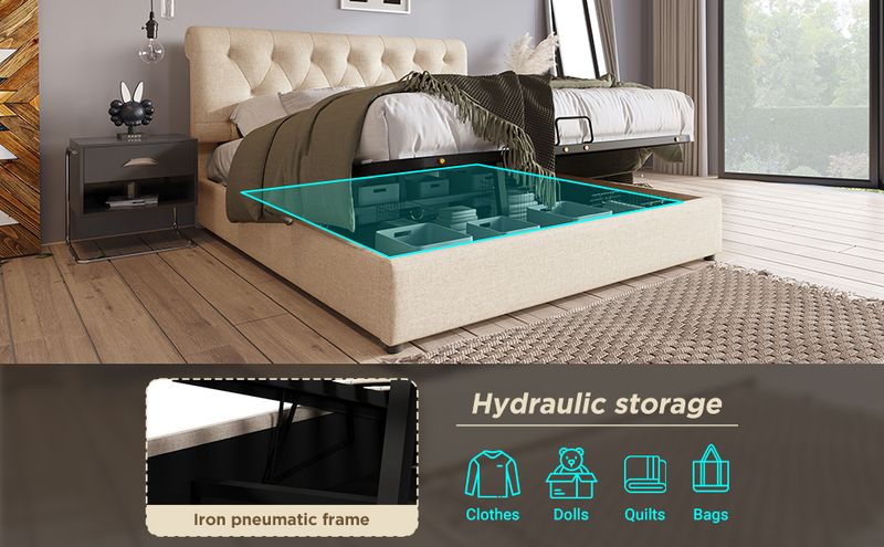 Cadre de lit king size rembourré hydraulique réglable 160 x 200 cm avec lattes métalliques, lit coffre moderne avec tête de lit réglable, design naturel, matelas non inclus_voghion.com