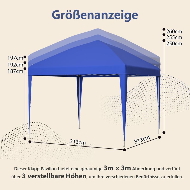 Pavillon 3 x 3 m, tonnelle de jardin étanche et réglable en hauteur, avec 4 sacs de sable et sac de transport (bleu)_voghion.com