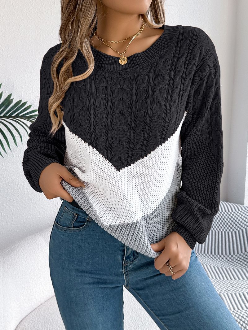 Maglione pullover a maniche a lanterna in maglia a blocchi di colore casual autunno inverno 2025 da donna_voghion.com