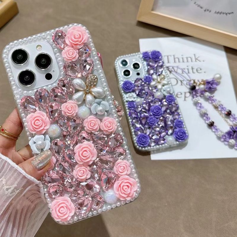 Luxus Glitter Rose Pearl Armband Hülle für iPhone 16 E 15 ProMax 14 Plus 13 MINI 12 11 X XR XS Max 7 8 Halbumwickelte Hülle_voghion.com