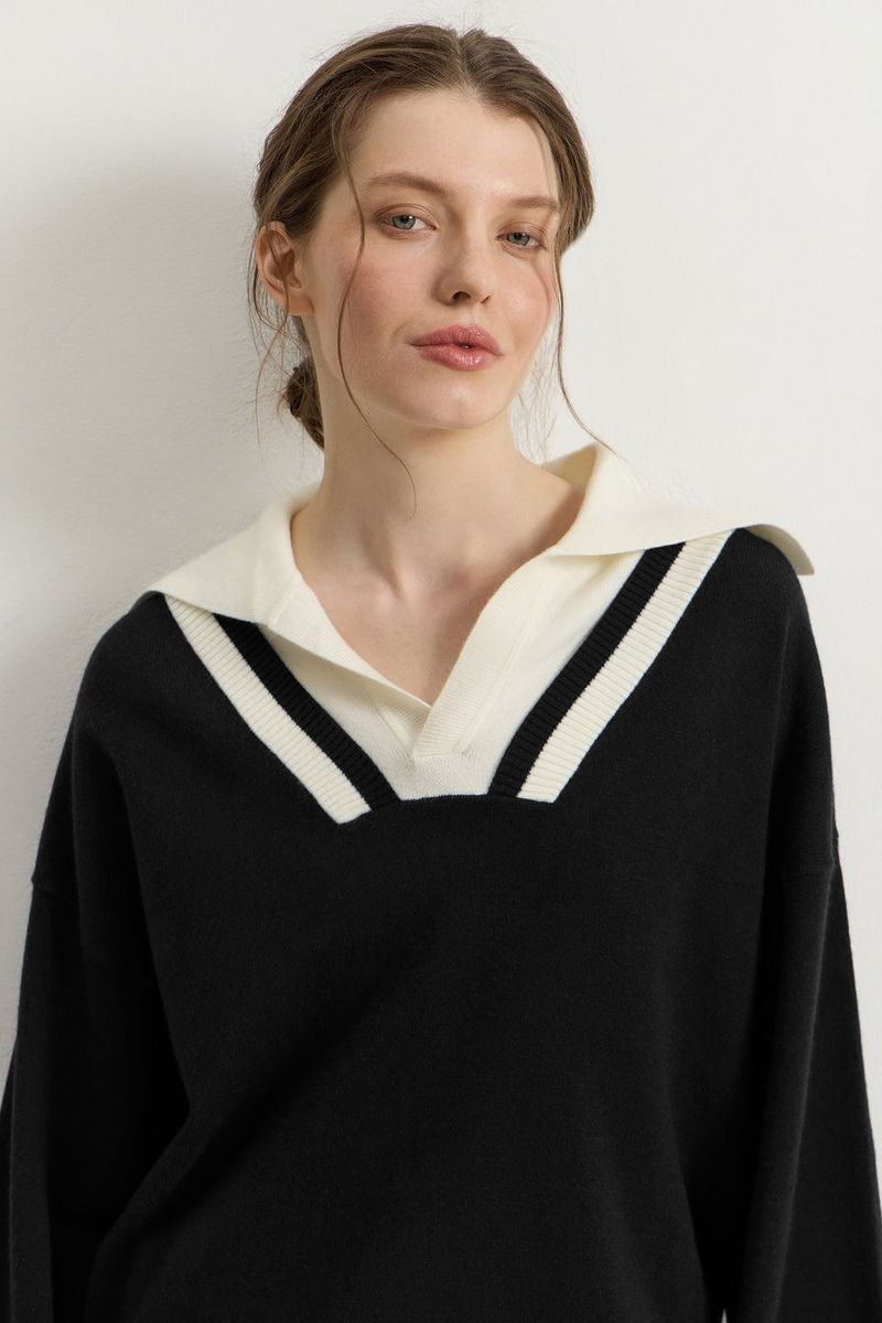 Pull en maille bicolore à col rabattu | Pull confortable et élégant pour l'automne et l'hiver | Coupe ample, manches longues, tissu respirant_voghion.com