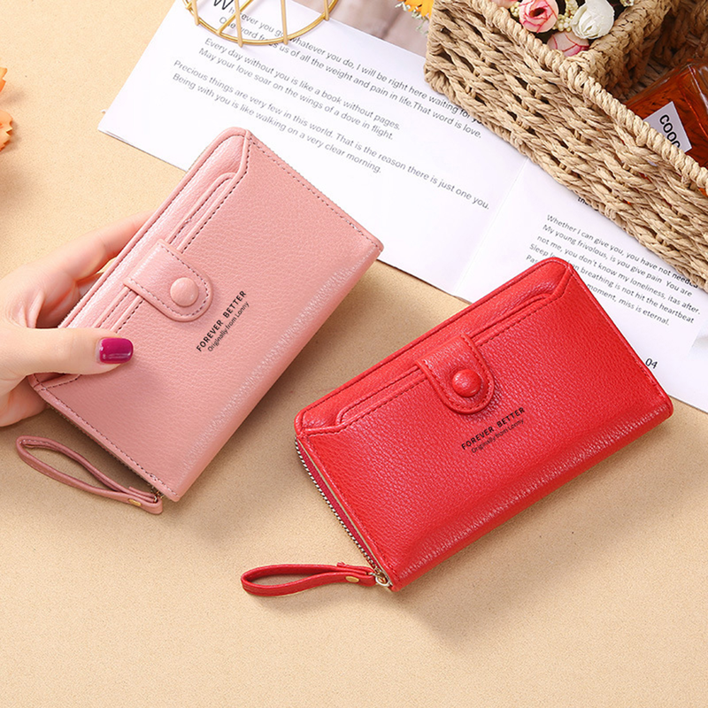 Coin Purse Smooth Zipper Press Button High Capacity Horizontal Multifunction Pocket Storage Delicate Sewing Long Fold Female Clutch Bag For Work_voghion.com
