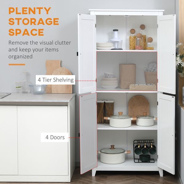 72' Freestanding 4-Door Kitchen Pantry, Storage Cabinet Organizer With 4-Tiers, And Adjustable Shelves, White_voghion.com