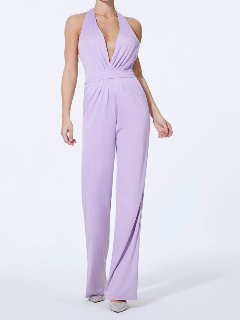 Elegante halternek jumpsuit voor dames - Lange mouwloze jumpsuit met V-hals, rekbaar polyester, halfhoge taille - (S-2XL)_voghion.com