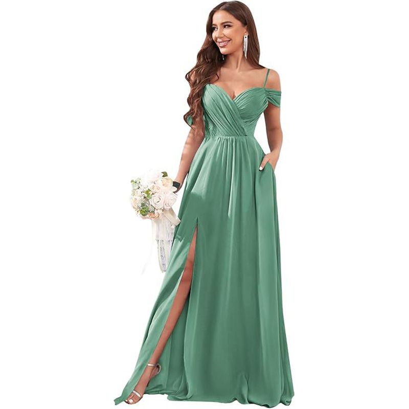 Elegante abito da damigella d'onore con spalle scoperte, lungo abito da sera formale in chiffon con volant e pieghe per feste di matrimonio, balli di fine anno, eventi in abito da sera_voghion.com