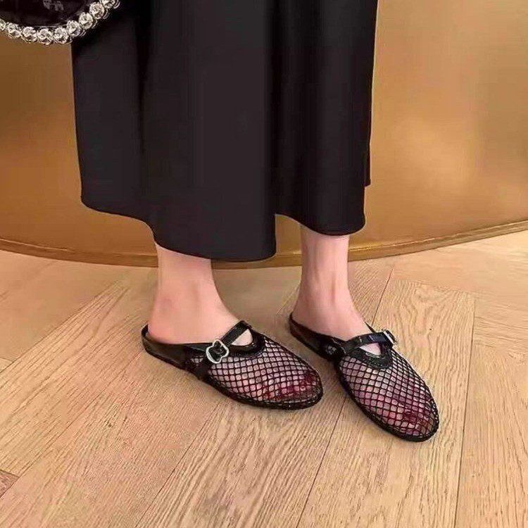 Plus Size Fishnet Hollow Mesh Sandals For Women 24 New Flat Mary Jane Closed Toe Slippers_voghion.com