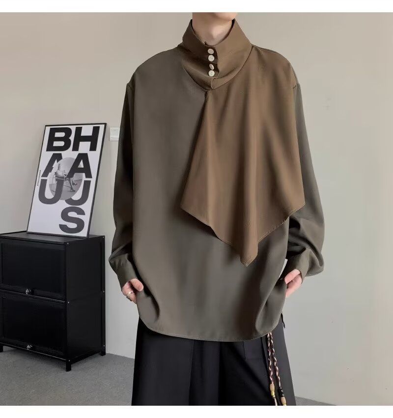 Retro dizaina raibu darbu stila krekls ar stāvapkakli, vīriešu garpiedurkņu, brīvi drapēts krekls pavasarim_voghion.com